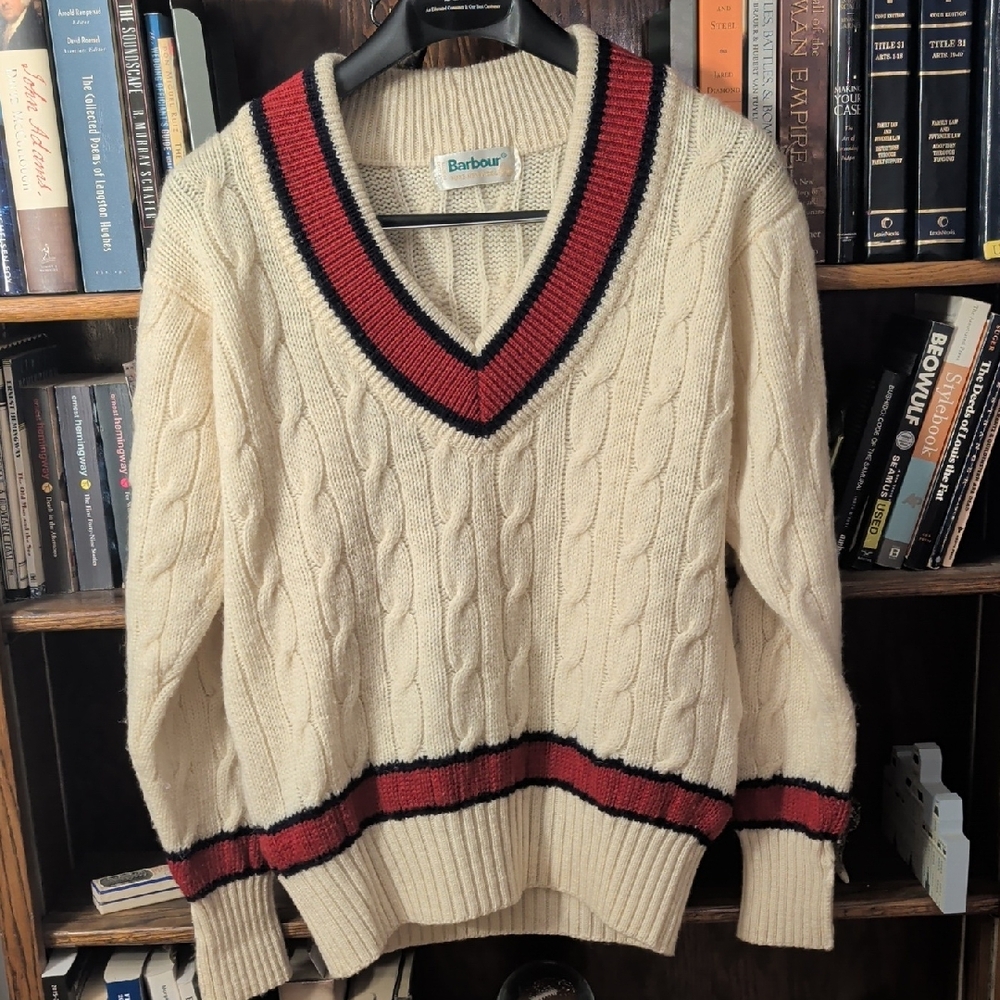 Barbour V-Neck Sweater in Cream and Red